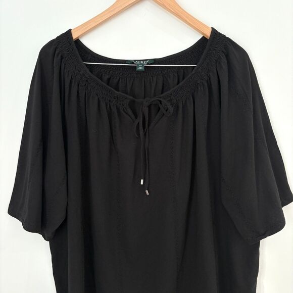Lauren Ralph Lauren Black Peasant Blouse Tie Neck Size 3X Boho Cottagecore Top - Picture 2 of 8